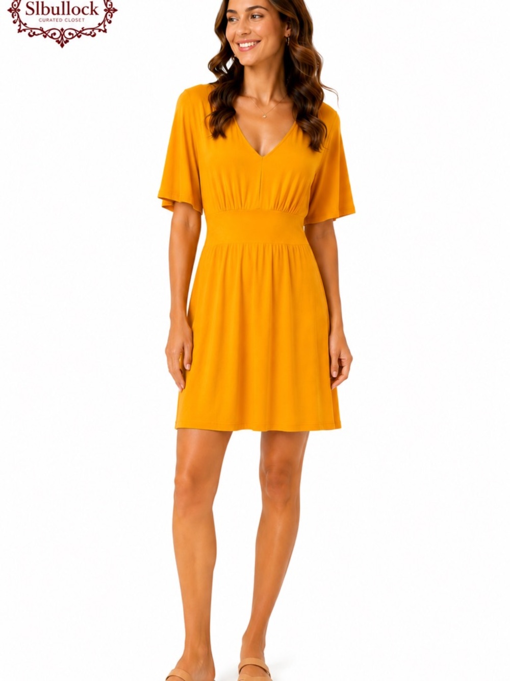 VENUS Mustard Yellow V-Neck Midi Dress